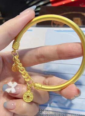 古法金手镯半镯半链金色镯子女时尚小福牌铜钱币本命年手链女