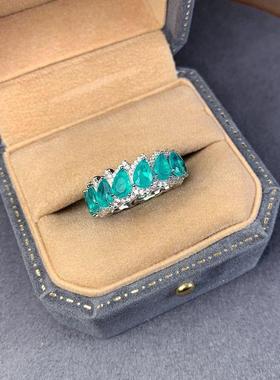 人工合成帕拉伊巴蓝水滴排钻戒指小众设计高级感显气质轻奢精致女