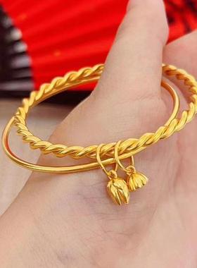 古法经典手镯双环两世欢莲花莲蓬黄金色镯子麻花素圈镯子实心百搭