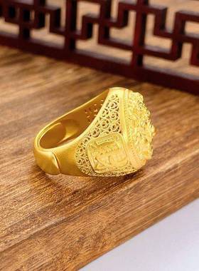 古法黄金色空心活口咬钱貔貅男戒古风经典雕花轻奢高级感圆头戒指