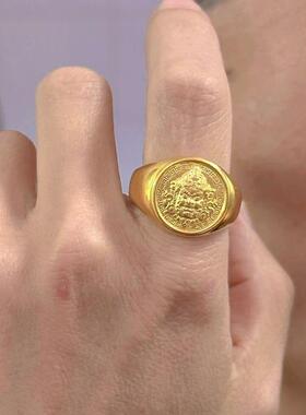 黄财神戒指复古金色铜合金实心活口可调节黄金色戒指时尚情侣对戒