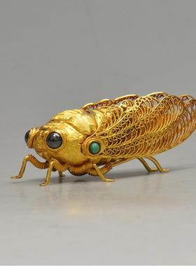 古玩黄金色蝉摆件高级鎏金花丝镶嵌绿宝全手工精制艺术收藏礼品