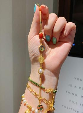 小众设计古法烧蓝红色石贝珠包金紫气东来花丝串珠链时尚百搭手链