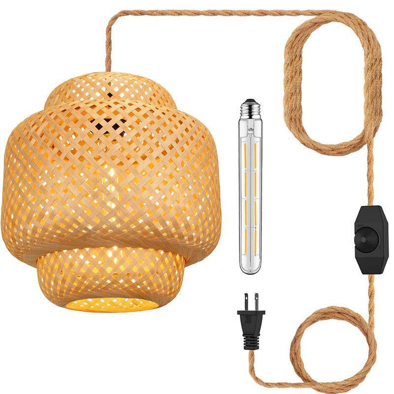 日式风格插电式吊灯藤制带可调光开关30CM麻绳竹制灯罩插电式吊灯,淘宝优惠券,粉丝福利购,淘宝优惠卷