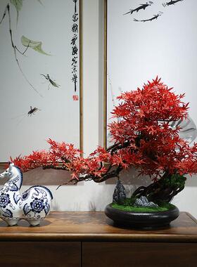 新中式彷真迎客松摆件实木客厅玄关民宿办公室酒店盆景绿植装饰品