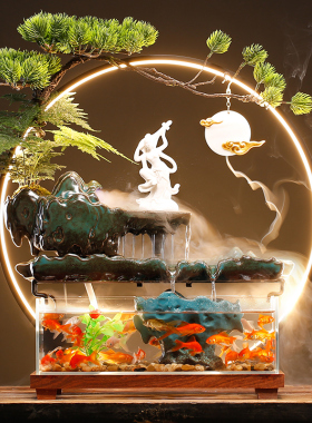 招财流水喷泉摆件办公室桌面中式景观水循环转运生财鱼缸开业礼物
