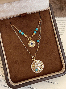 双层圆形吊坠项链女毛衣链项饰