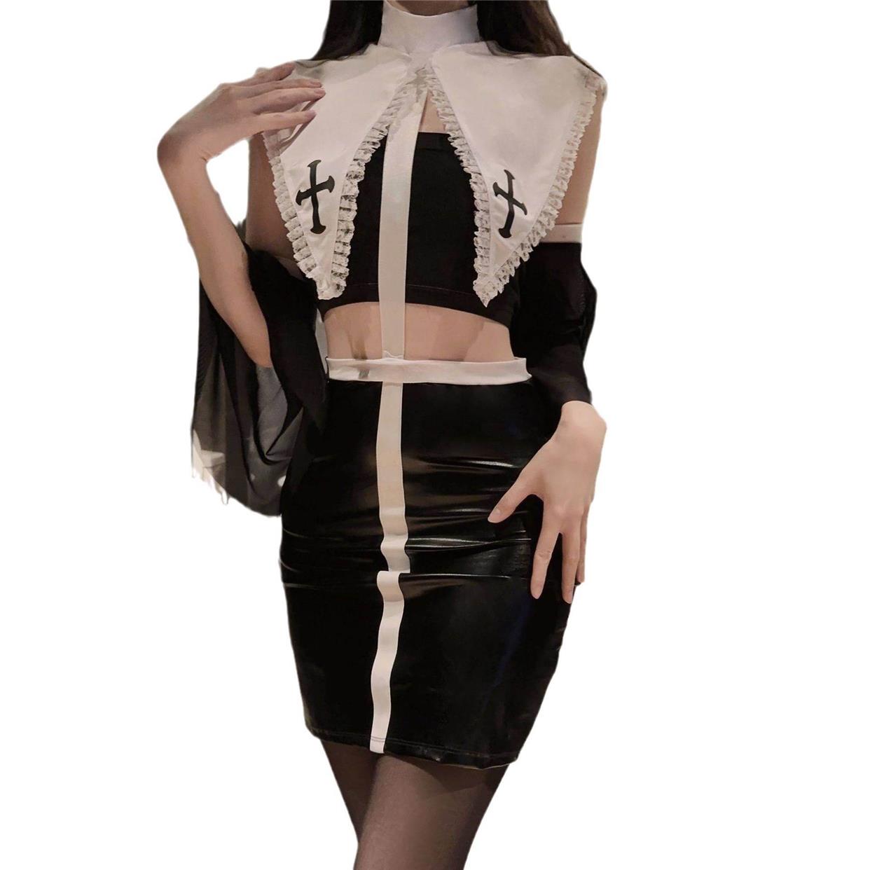 大码新款情趣内衣欧美万圣节cosplay角色扮演服暗黑皮衣修女套装