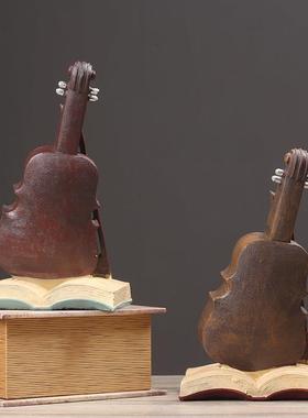 装饰钟摆件创意覆古小提琴钟表客厅咖啡厅办公桌桌面座钟摆设品