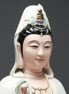 德化陶瓷坐莲笑脸观音佛像居家供奉家用摆件观世音菩萨像微笑观音