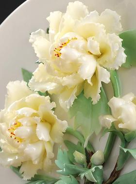 陶瓷手工牡丹花挂盘摆件客厅电视柜酒柜博古架装饰品新居乔迁礼品