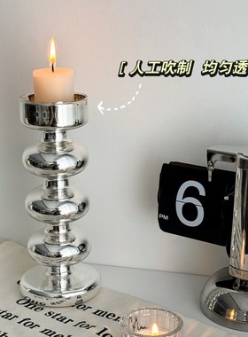 速发风法式玻璃烛台色式极简黑色装饰摆实银意件木高级感小众