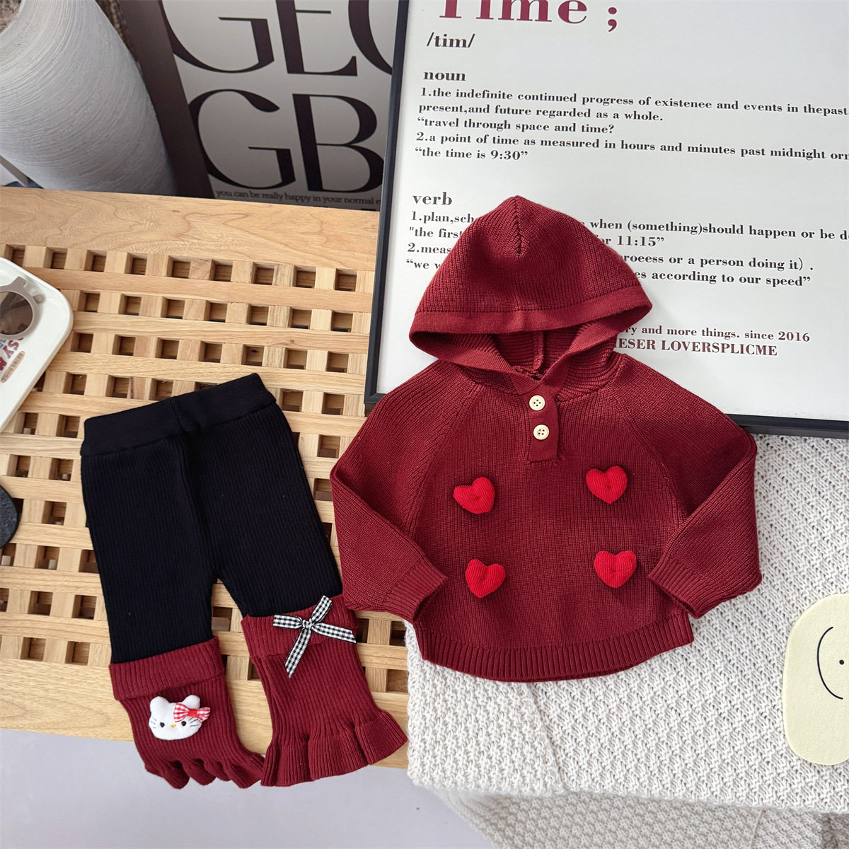 2025婴儿童新款秋冬季针织套装女童爱心连帽毛衣拼接打底裤两件套,淘宝优惠券,粉丝福利购,淘宝优惠卷