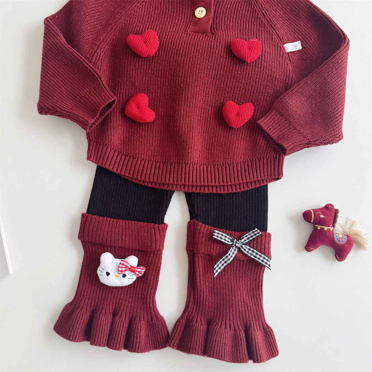 2025婴儿童新款秋冬季针织套装女童爱心连帽毛衣拼接打底裤两件套,淘宝优惠券,粉丝福利购,淘宝优惠卷