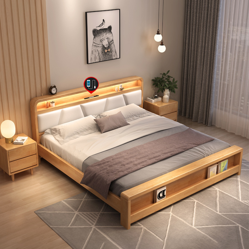 北欧实木床软包床铺高箱储物床 原木气压1.8米双人床 1.5主卧婚床