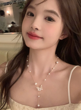 【我的脸很圆】珍珠蝴蝶吊坠项链小众抽拉长款锆石蝴蝶颈链锁骨链