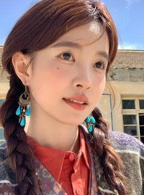 【我的脸很圆】民族风蓝色天然石吊坠耳钩出游出片流苏耳饰耳环女