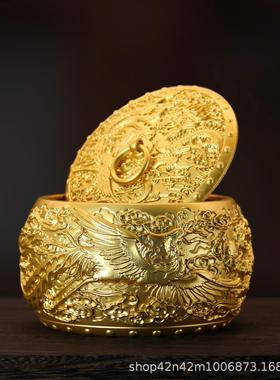 纯黄铜百福聚财龙凤茶叶罐带盖铜米缸大号聚宝盆茶叶盒厂家