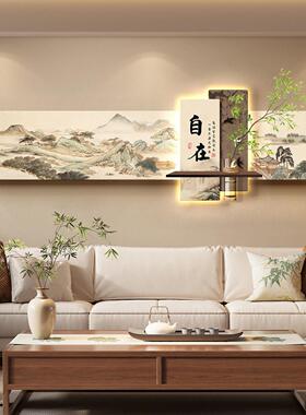 新中式客厅装饰画水培绿植氛围布置茶室背景墙挂画创意LED灯光画