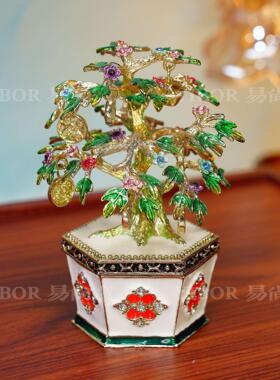 中式金属珐琅彩首饰盒手工艺品轻奢摇钱树招财树摆件装饰乔迁礼品