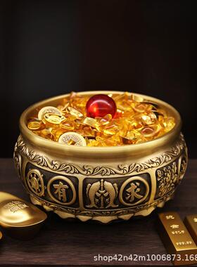 黄铜莲花招米聚宝盆有求必应米缸家用客厅店铺办公室开业礼品摆件
