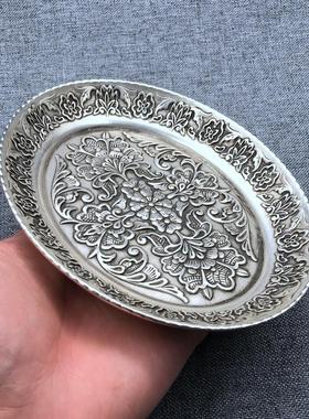 仿古白铜镀银龙凤碟子笔洗盘子银碗套装宣字底款复古雕花椭圆摆件