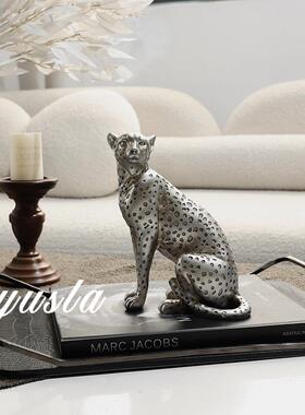 树脂银猎豹子摆件艺术动物客厅电视柜售楼部别墅办公室软装饰品