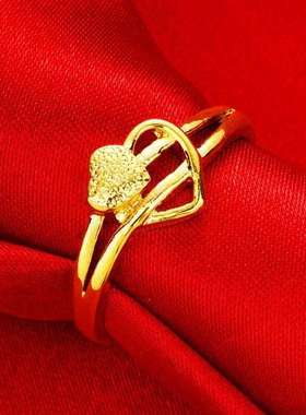 复古双心戒指镀金沙金戒指