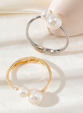 外贸饰品流行珍珠手镯女批发欧美个性开口简约镀金色热卖爆款首饰