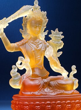 文殊菩萨佛像摆件藏密宗琉璃小佛像佛台供奉文殊师利普贤菩萨4寸