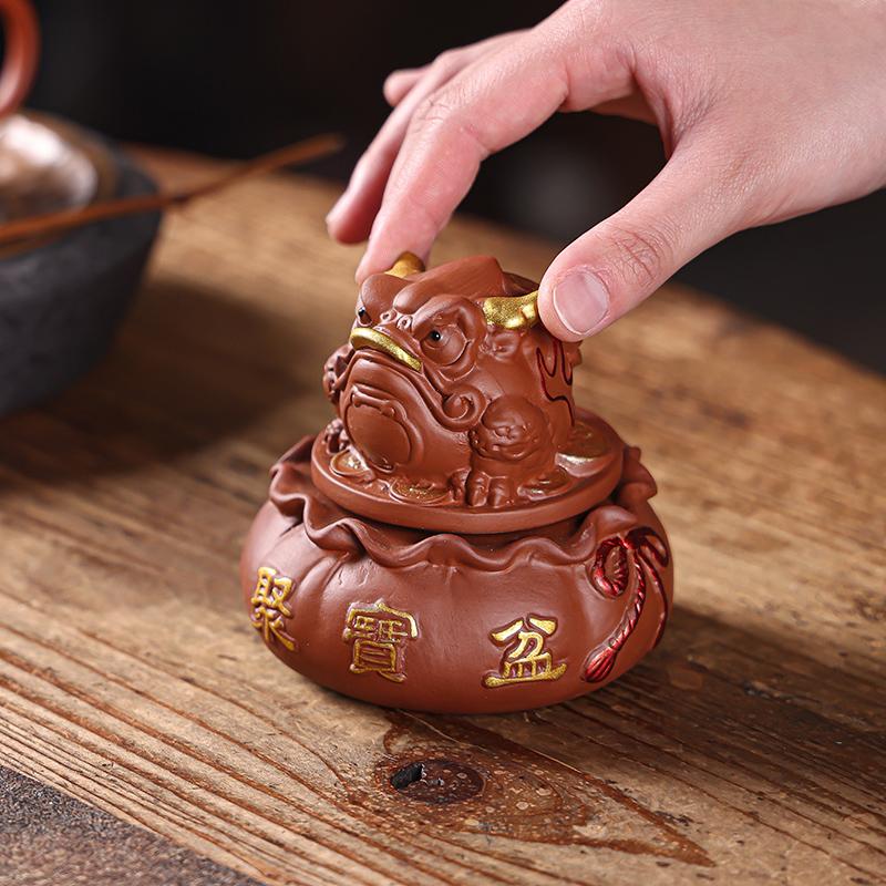 中式三足招财金蟾茶宠摆件创意旋转360紫砂可养茶桌茶道桌面装饰 - 图2