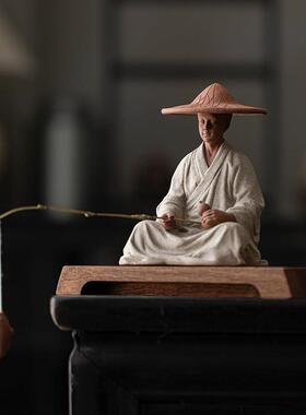 久造中式禅意姜太公钓鱼摆件创意陶瓷人物假山造景卧室书房摆设品