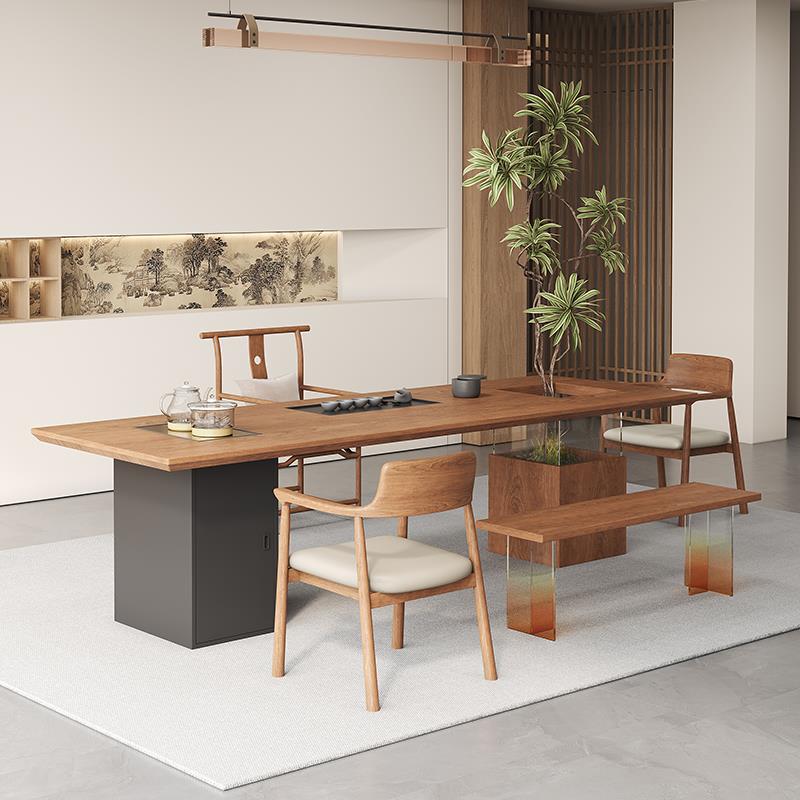 Potted Zen black walnut color tea table and chair combination new Chinese style solid wood tea table office home tea table