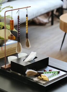 现代新中式毛笔架托盘纸巾盒卷轴套装样板房客厅书房软装饰品摆件