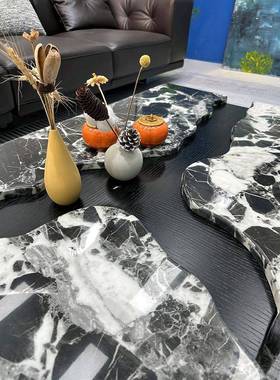 意式极简大理石茶几现代简约大小户型黑河流异形设计师高端黑金