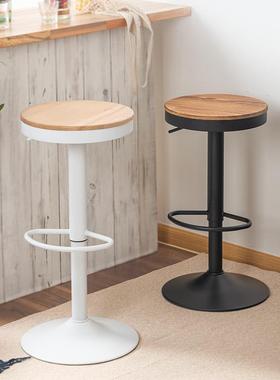日式实木吧台椅升降旋转吧台凳轻奢简约家用时尚吧凳铁艺高脚凳子