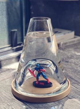 HJM-现代简约木底座空心透明玻璃花瓶创意插花样板间家居装饰摆件