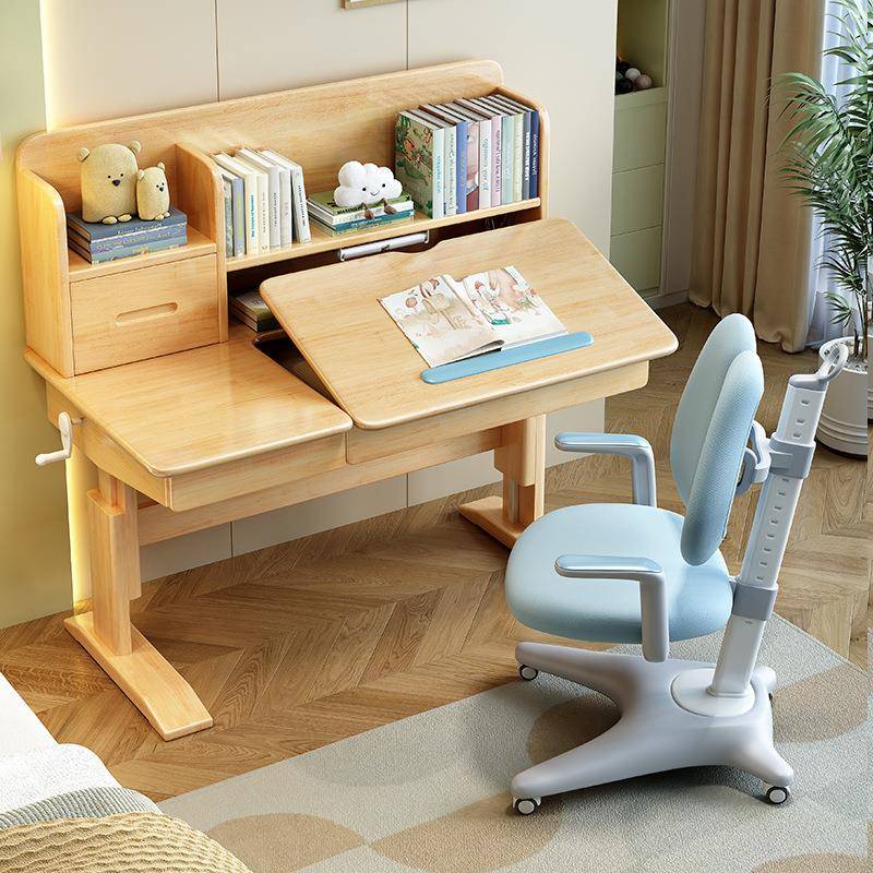 Children's study table liftable table all solid wood writing table primary school student desk home homework desk and chair set