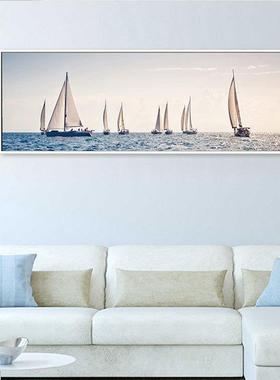 北欧装饰画客厅挂画横版长幅墙画帆船大海现代简约卧室壁画床头画