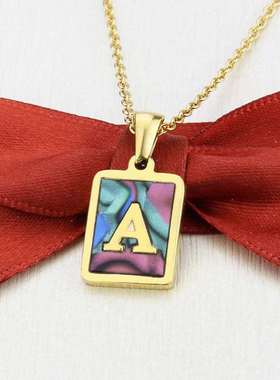ins stainless steel square shell 26 letter necklace abalone