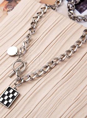 -Black and white square checkerboard titanium steel necklace