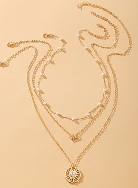 Sun Pendant clavicle chain retro pearl multi-layer Necklace