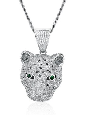 项链嘻哈吊坠欧美镶豹子头饰品链头款男动物毛衣小众潮男女锆石长