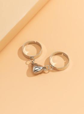 2 Pcs Punk Magnet Couple Rings Cuban Chain Charm Rings for L