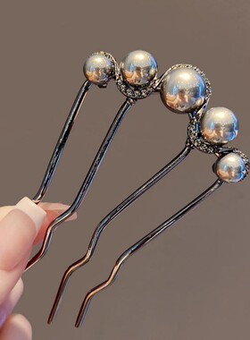 珍珠u型发簪高级感枪黑色插梳发钗古风新中式簪子盘发钗神器头饰