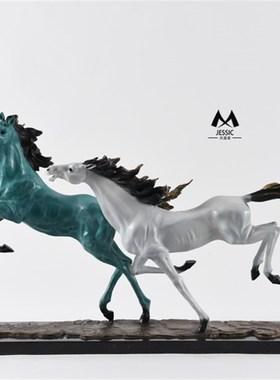 狮落高端现代美式大理石底座纯手工艺术精品情侣马装饰摆件