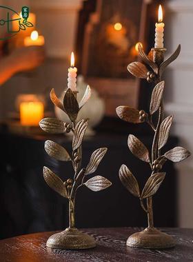 圣诞节装饰铁艺蜡烛台植物花朵烛台道具玄关台面摆件美式烛光晚餐