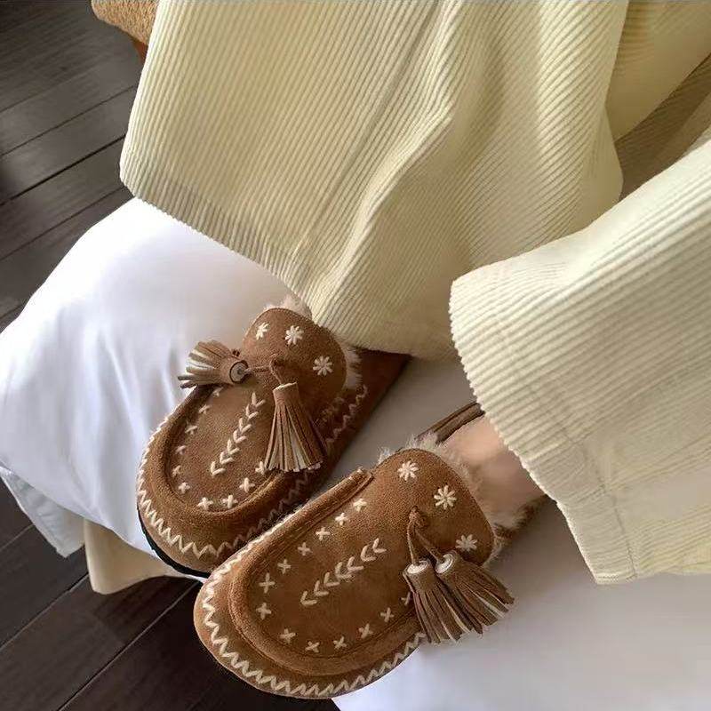 复古加绒流苏豆豆毛毛鞋女冬外穿2025新款保暖一脚蹬包头勃肯拖鞋,淘宝优惠券,粉丝福利购,淘宝优惠卷