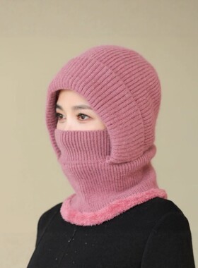 帽子围脖一体女秋冬连体帽中老年妈妈加绒加厚防风毛线帽骑车保暖