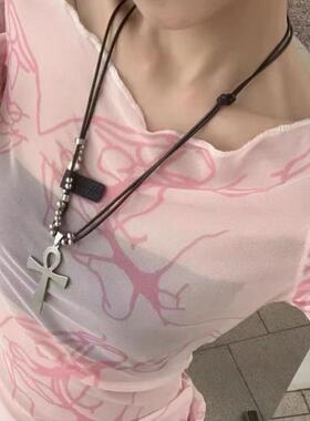Y2K重工千禧辣妹甜酷亚文化流浪废土风朋克哥特小众潮十字架吊坠